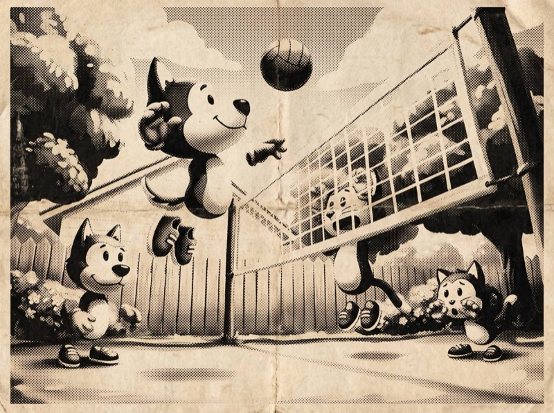 Backyard Volley newsprint art: cartoon cats and dogs play volleyball over a net in a fenced backyard