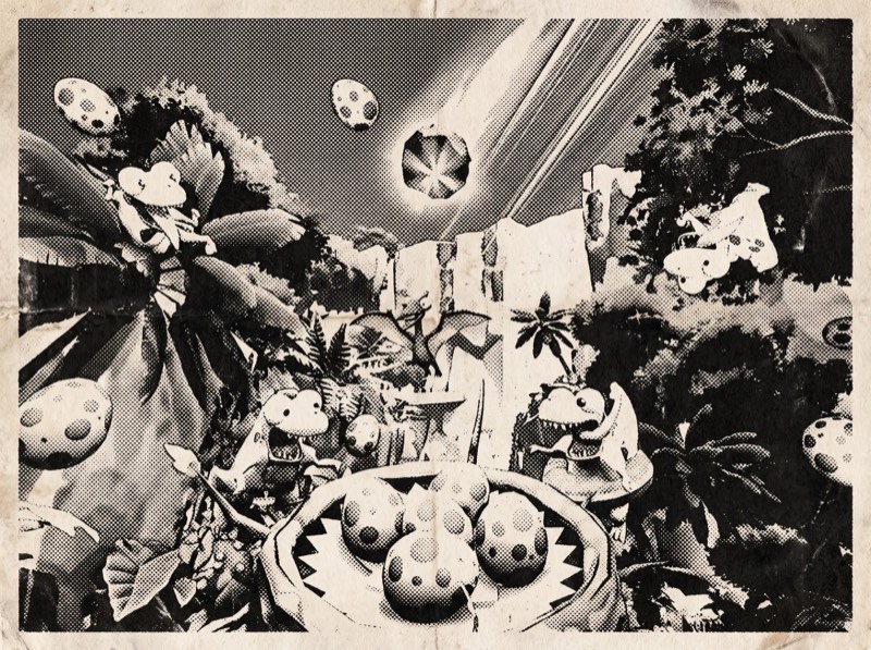 Eggstinct! newsprint art: cartoon dinosaurs guard a nest of spotted eggs in a jungle as an asteroid streaks toward them