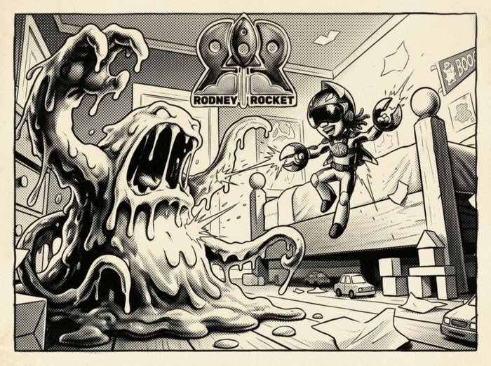 Rodney Rocket cover art: a kid in a homemade rocket helmet battles a giant slime monster in his bedroom