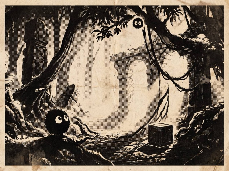Sootling newsprint art: a small fuzzy soot creature looks up at a ruined stone archway in an overgrown forest