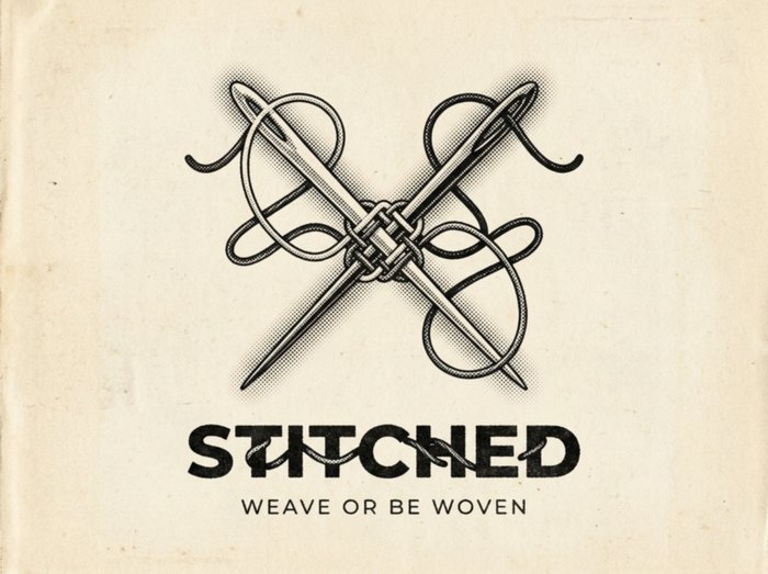 Stitched cover art: two crossed needles woven with thread, tagline Weave or Be Woven
